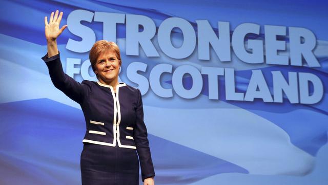 Nicola Sturgeon, Première ministre d'Ecosse et chef du Parti national écossais lors de la Conférence du SNP à Aberdeen. [Keystone - Andrew Milligan/PA via AP]