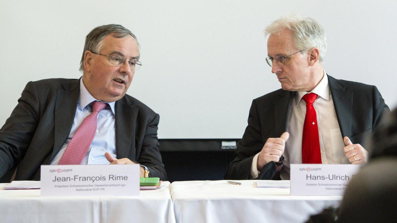 Le président de l'USAM Jean-François Rime et le directeur Hans-Ulrich Bigler (ici en 2016). [Keystone - Peter Schneider]