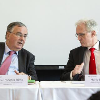 Le président de l'USAM Jean-François Rime et le directeur Hans-Ulrich Bigler (ici en 2016). [Keystone - Peter Schneider]