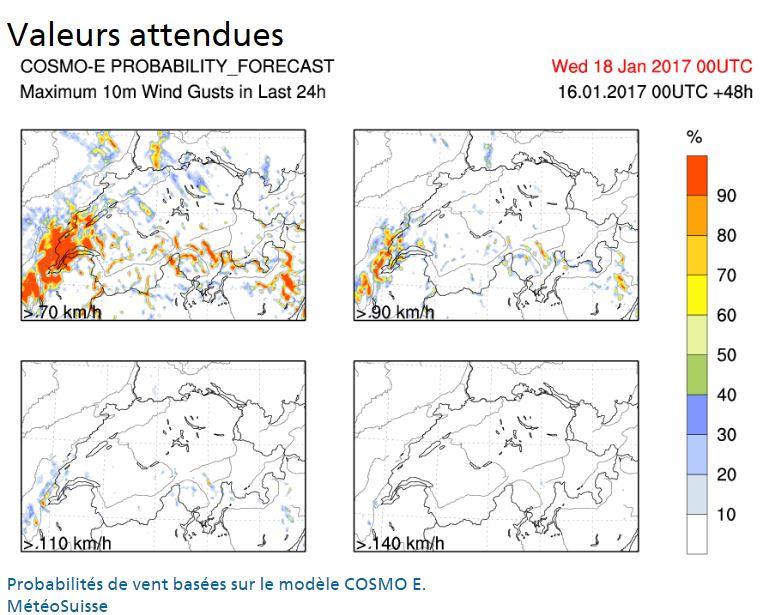 La forces des vents attendus d'ici mercredi en Suisse. [MétéoSuisse]