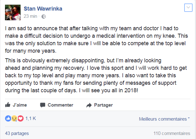 Stan Wawrinka, tout comme Djokovic, annonce qu'il ne pourra plus jouer de la saison. [Compte Facebook officiel de Stan Wawrinka]
