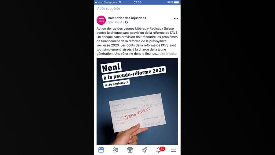 Une publicité contre la Prévoyance 2020 publiée sur Facebook par les Jeunes Libéraux-Radicaux. Dorénavant, Facebook permettra à tout utilisateur de voir n'importe quelle publicité politique sur Facebook, quelle que soit la cible originelle de cette publicité. [Capture d'écran]