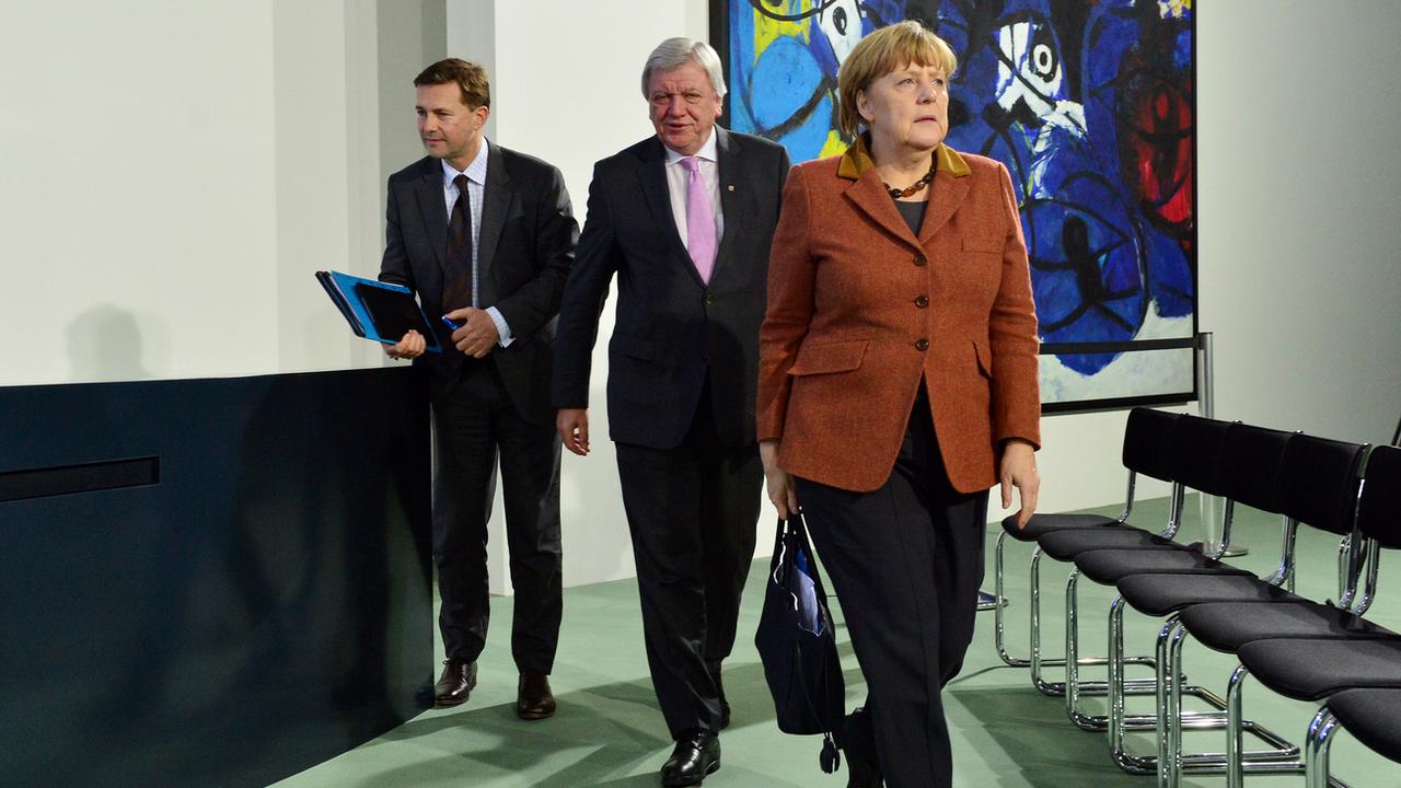 Angela Merkel lors de la conférence de presse de jeudi. [Maurizio Gambarini]
