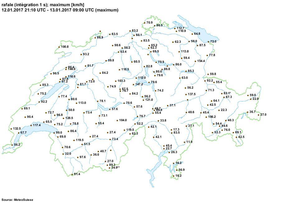 La carte des rafales maximales enregistrées dans la nuit du 12 au 13 janvier. [Météosuisse]