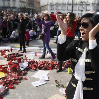 Des femmes font la grève de la faim depuis un mois dans le centre de Madrid pour protester contre la violence machiste. [EPA/Keystone - Mariscal]