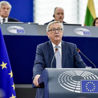 Jean-Claude Juncker devant le Parlement européen à Strasbourg, 13.09.2017. [EPA/Keystone - Mathieu Cugnot]