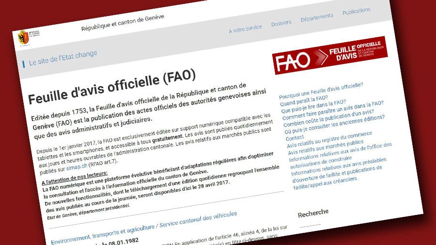 Une capture d'écran de la Feuille d'avis officielle (FAO) du canton de Genève. [Canton de Genève - https://fao.ge.ch/]