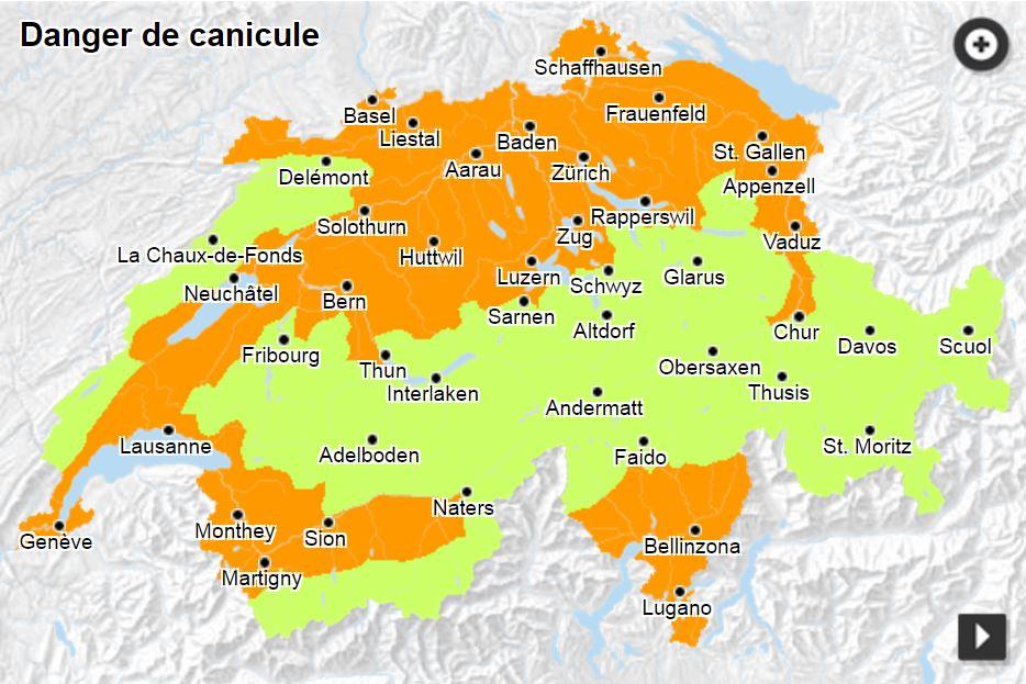 Vague de chaleur en plaine dans toute la Suisse depuis mardi. [Confédération - Portail des dangers naturels]