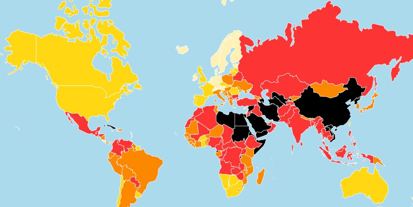 La presse n'est libre que dans une cinquantaine de pays (en jaune et orange sur la carte). [RSF - DR]
