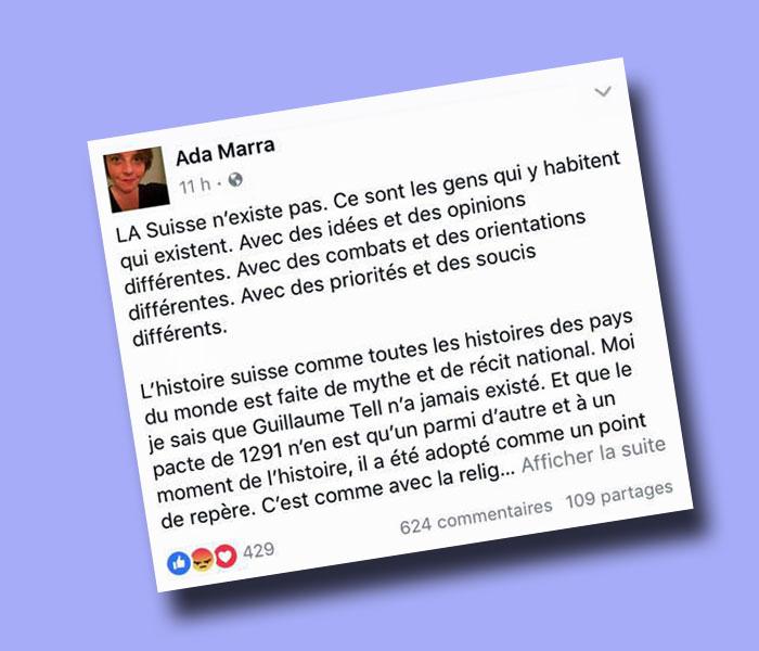 Le post d'Ada Marra qui a déclenché le tollé sur Facebook. [DR]