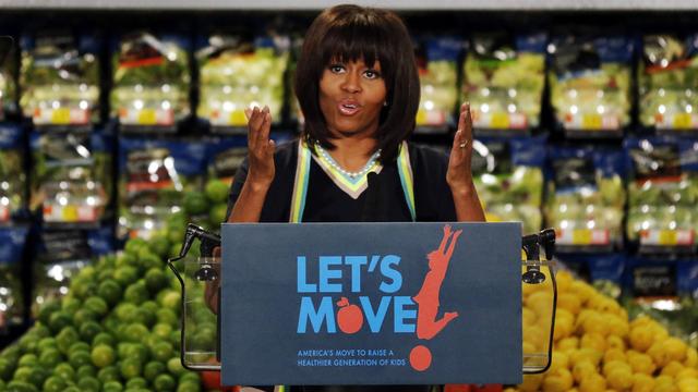 Michelle Obama, en février 2013, en train de promouvoir sa campagne contre l'obésité infantile. [Keystone - Orlin Wagner]