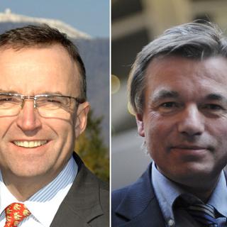 Etienne Blanc, maire Les Républicains de Divonne, et Alain Houpert, sénateur Le Républicains de la Côte-d'Or. [Divonne-les-Bains/afp]