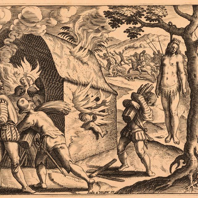 Massacre de la reine Anacaona et de ses sujets (Joos van Winghe), publié en 1598 dans "Brevísima relación de la destrucción de las Indias", écrit par Bartolomé de las Casas.