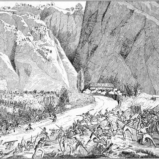 Bataille du Trient au pont de Vernayaz (lithographie parue en 1845 dans Der Republikaner Kalender). [Médiathèque Valais-Sion]