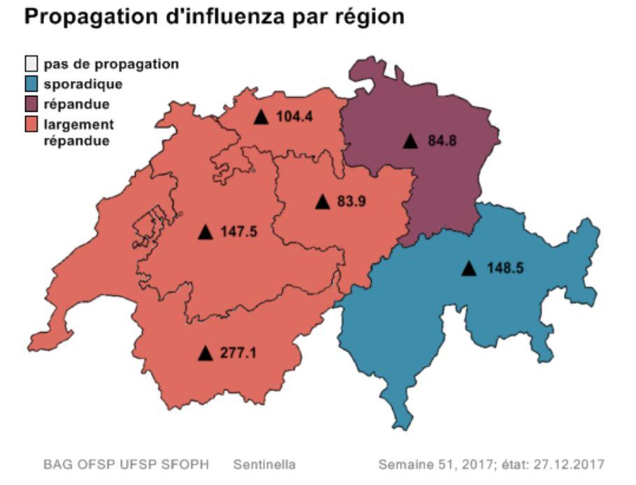 Incidence des consultations pour 100'000 habitants et propagation par région durant la semaine 51 en 2017. [OFSP - Sentinella]