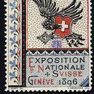 Un aigle noir, porte une clé et le drapeau suisse - Vignette illustrée, réclame pour l'exposition nationale Suisse, a Genève, 1896.
Collection OL/Leemage
AFP [Collection OL/Leemage]