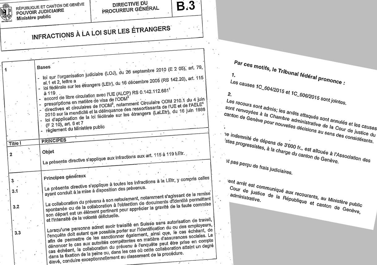 Photomontage d'une page de la directive du procureur général de Genève et de l'arrêt du Tribunal fédéral. [DR]