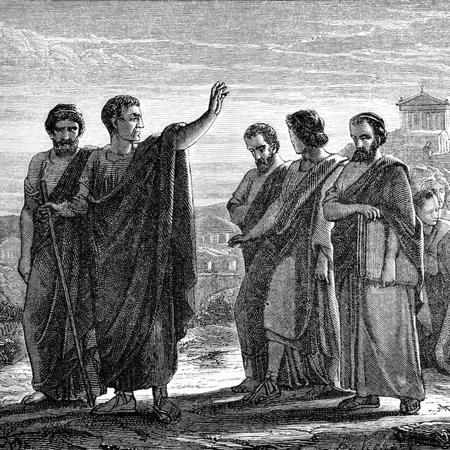 Gravure du 21e siècle représentant Aristote qui s'exile avec ses disciples. [AFP - Collection Roger-Viollet]