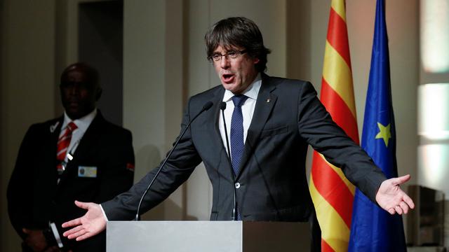 Carles Puigdemont lors de sa prise de parole à Bruxelles mardi. [Reuters - Pascal Rossignol]