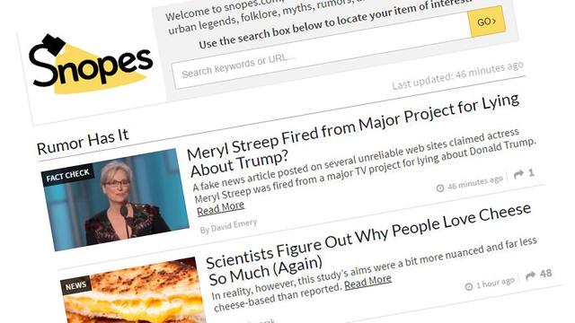 Capture d'écran du site américain snopes, pionnier dans le fact-checking. [http://www.snopes.com/]