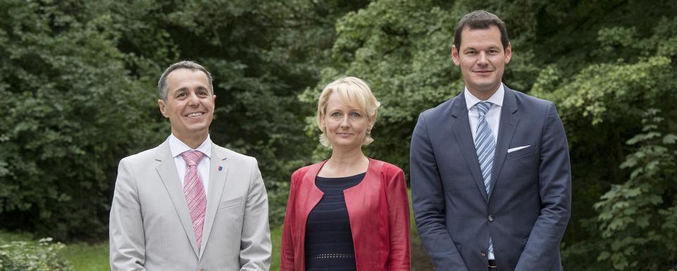 Les trois candidats au Conseil fédéral: Ignazio Cassis, Isabelle Moret et Pierre Maudet. [Keystone - Urs Flueeler]