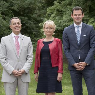 Les trois candidats au Conseil fédéral: Ignazio Cassis, Isabelle Moret et Pierre Maudet. [Keystone - Urs Flueeler]