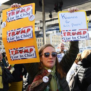 Une dame proteste avec une affiche qui dit "Trump, menteur en chef" ("Trump, liar in chief"). [AFP - Boris Horvat]