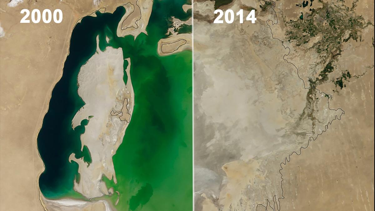 Les eaux de la Mer d'Aral ont été détournées pour l'agriculture. [NASA]