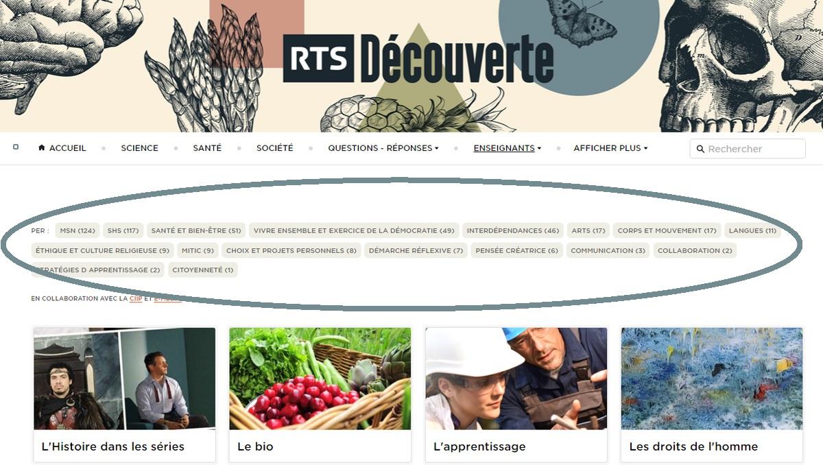 Les enseignants peuvent trier les dossiers de RTS Découverte en fonction des disciplines du Plan d'études romand (PER). [RTS - RTS Découverte]