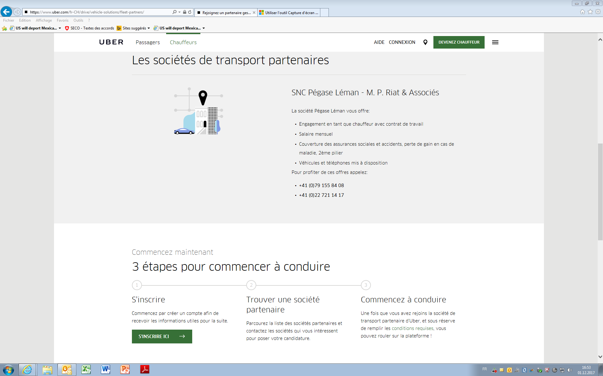 Capture d'écran du site d'Uber qui montre que la société SNC Pégase Léman est partenaire. [RTS]