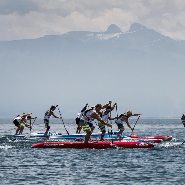 Une course de stand up paddle sur le Léman. [Keystone - Jean-Christophe Bott]