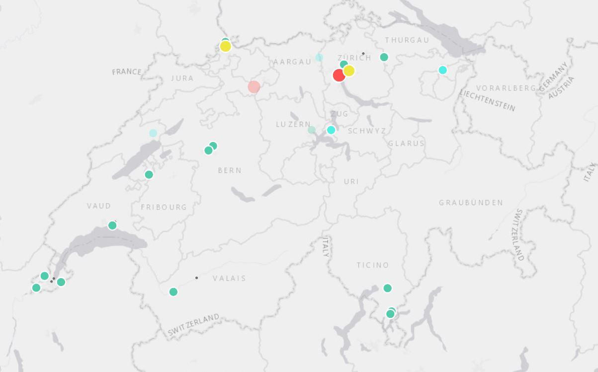 La carte de la pollution en Suisse vendredi après-midi. [Agence européenne pour l'environnement]