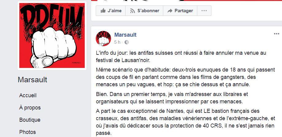Page FB de l'auteur Marsault, à propos de la doécision de Lausannoir de renoncer à l'inviter.