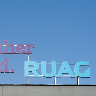 Das Logo der Ruag anlaesslich der Bilanzmedienkonferenz vom Donnerstag 17. Maerz 2016 in der neuen Spacehalle in der RUAG Produktion im Emmen. (KEYSTONE/Urs Flueeler) [KEYSTONE - Urs Flueeler]