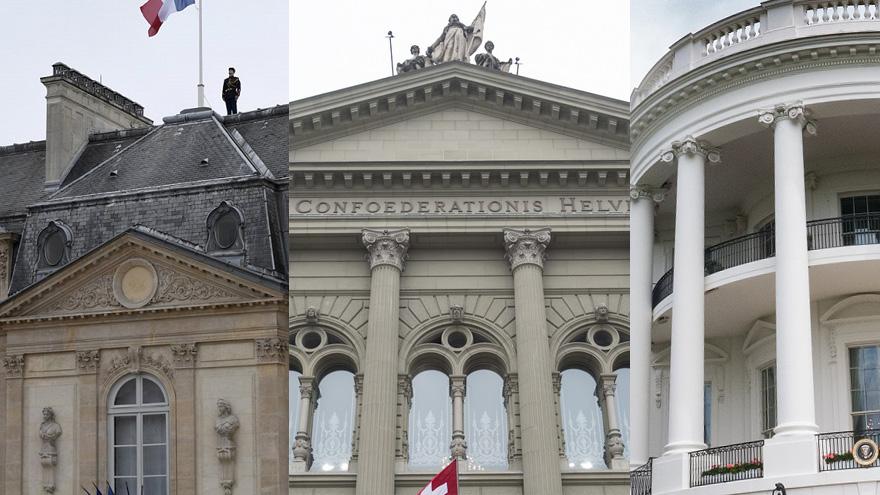 Montage photo: l'Elysée à Paris, le Palais fédéral à Berne et la Maison-Blanche à Washington. [Keystone/Reuters]
