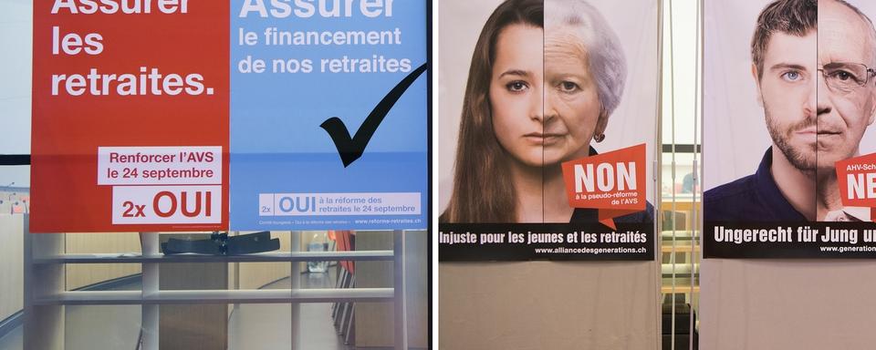 Affiches pour et contre la réforme des retraites. [Keystone]