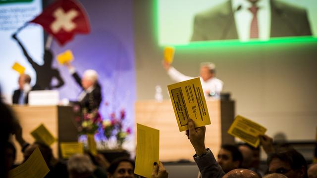 L'assemblée des délégués de l'UDC, réunis au Châble (VS) ce samedi. [Keystone - Olivier Maire]