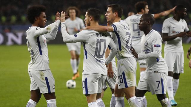 La joie des Blues après l'ouverture du score d'Eden Hazard sur penalty. [Pavel Golovkin]