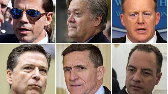 De gauche à droite en haut: Anthony Scaramucci, Steve Bannon, Sean Spicer. En bas: James Comey, Michael Flynn, Reince Priebus.