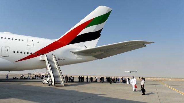 Airbus A380 ouvert aux visiteurs du Dubaï Airshow, 12.11.2017. [EPA/Keystone - Martin Dokoupil]