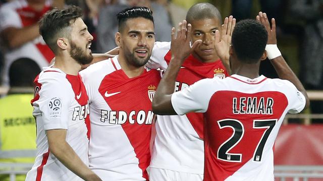 Les hommes forts de l'attaque monégasque réunis. De gauche à droite : Bernardo Silva, Falcao, Kylian Mbappé et Lemar. [Sebastien Nogier]