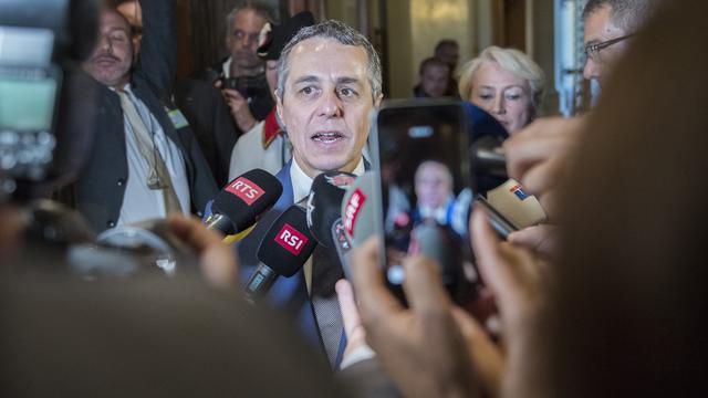 Le nouveau conseiller fédéral Ignazio Cassis face à la presse. [Keystone - Marcel Bieri]