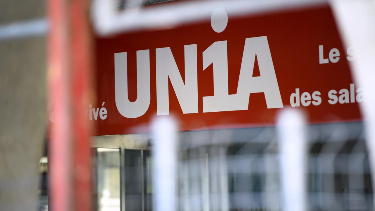 Le logo du syndicat Unia à son siège vaudois à Lausanne. [Keystone - Laurent Gilliéron]