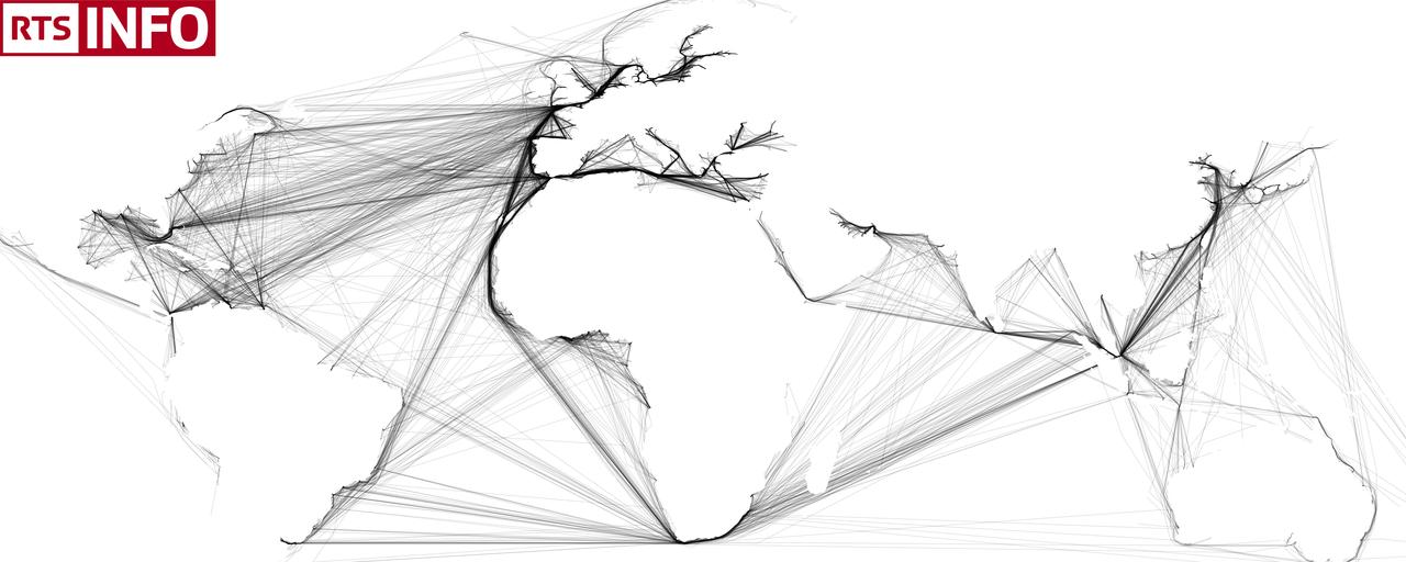 Cinq années de trajets des navires de la flotte maritime suisse dessine la carte des continents. [RTSinfo]