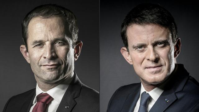 Benoît Hamon (à gauche) et Manuel Valls terminent largement devant Arnaud Montebourg. [Joel Saget]