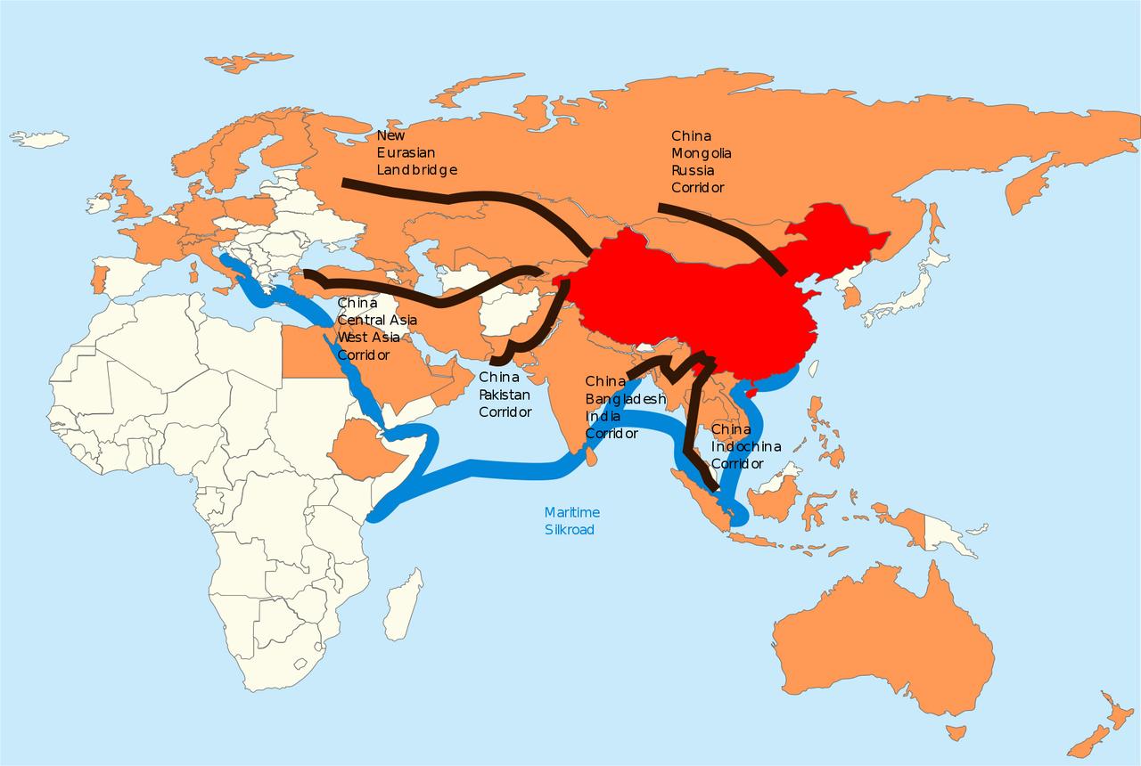 La Chine en rouge, les membres de l'AIIB en orange, les six corridors en noir et en bleu. [DR - Lommes — Travail personnel, CC BY-SA 4.0]