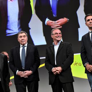 Les légendes Poulidor, Merckx, Hinault et Indurain étaient présentes lors de la présentation du TdF 2019. [AFP - Stéphane De Sakutin]
