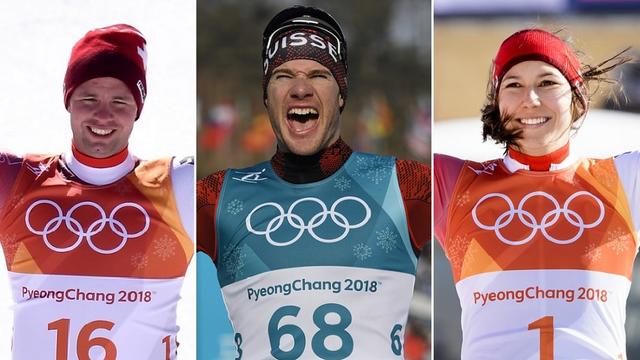 Les 3 médaillés suisses du 16 février: Beat Feuz, Dario Cologna et Wendy Holdener. [C.Bruna/G.Ehrenzeller/J-C.Bott]