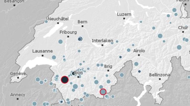 Une capture d'écran de la carte des relevés du Service sismologique suisse de l'EPFZ. [Capture d'écran - Service sismologique suisse - ETH]