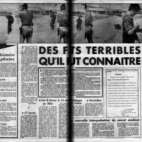 Double page du journal français l'Express, datée du 29 décembre 1955 et titrée: "Des faits terribles qu'il faut reconnaître". L'article condamne le massacre ayant eu lieu en août de la même année à Constantine (Algérie) et la censure dont celui-ci fit l'objet.